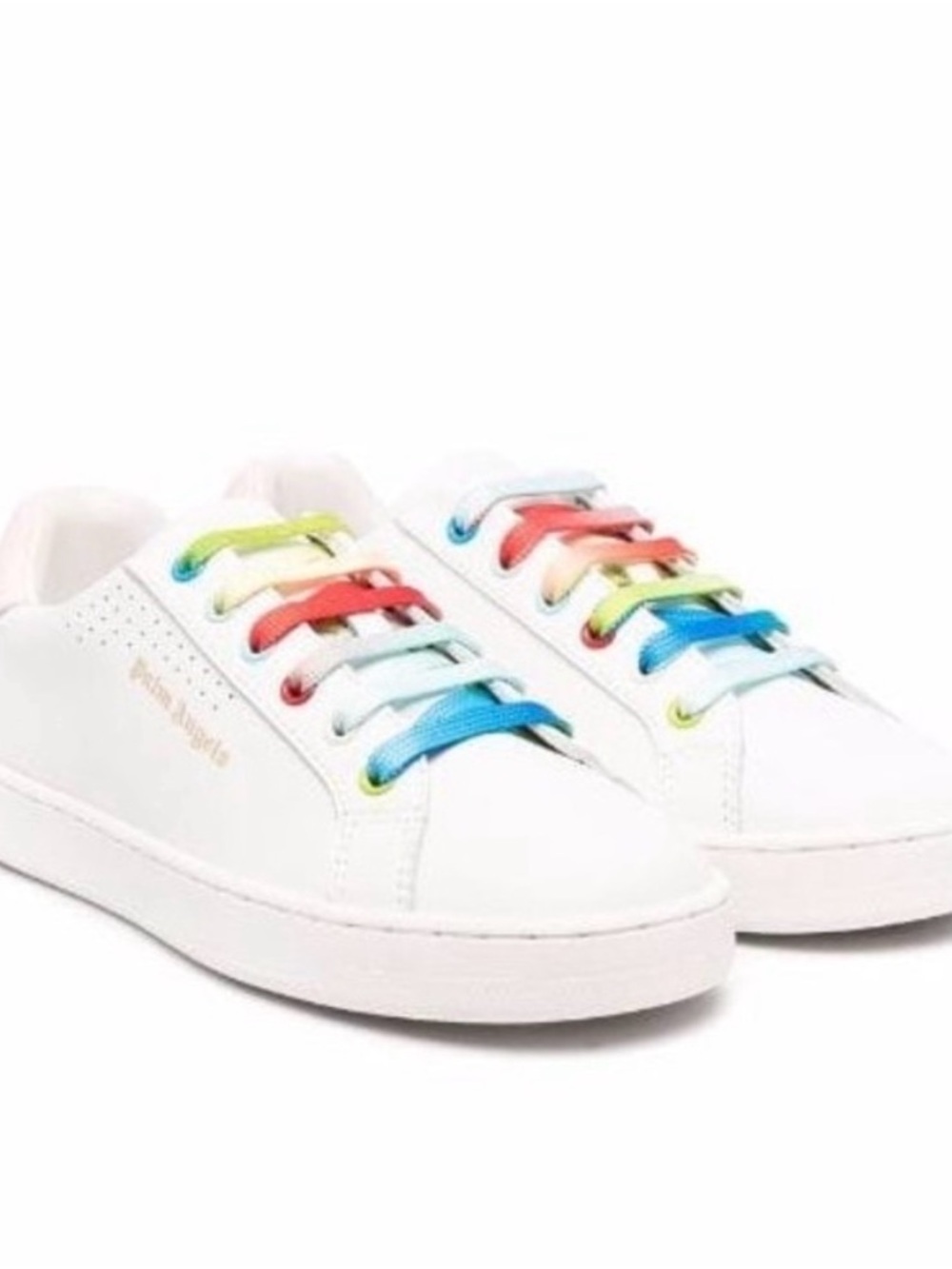 White Leather Palm Angels Girls Sneakers, Rainbow Laces, size 29” / 10US